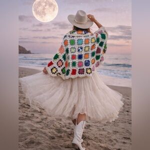 Artisan Granny Square boho kimono cover up w farmhouse prairie vibe